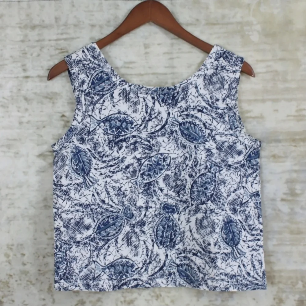 Blue Toile Tank Top Small Cotton Blouse Sleeveless Retro Resort Coastal Style - Picture 5 of 6